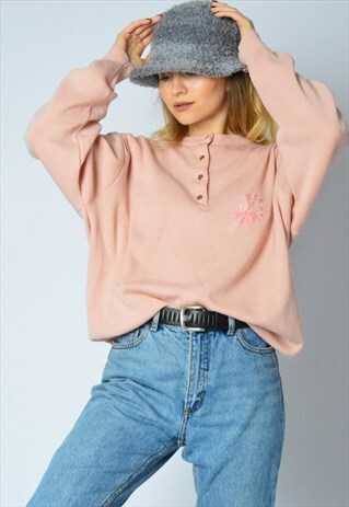 PASTEL PEACH PINK EMBROIDERED FLOWER WOOL BLEND JUMPER