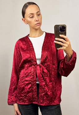 Vintage Red Satin Blouse, Long Sleeve Embellished Silky Top