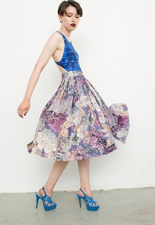 VINTAGE SKIRT VIOLET FLORAL MIDI A-LINE FLOWER PATTERN RETRO