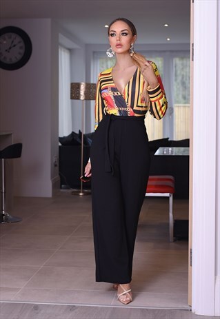 IRIS YELLOW CHAIN WRAP FLARED LEG JUMPSUIT