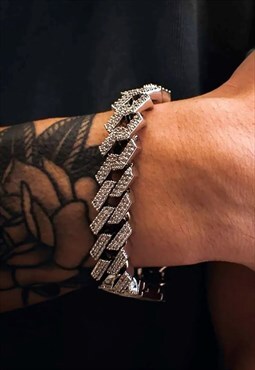 14mm Diamond Geometric Iced Out Curb Bracelet - Silver