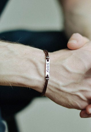 SILVER FAITH PLAQUE BRACELET FOR MEN BROWN STRING MENS GIFT