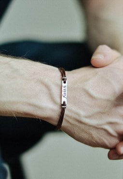 Silver Faith plaque bracelet for men brown string mens gift