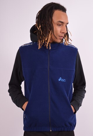 ASICS MENS VINTAGE FLEECE GILET LARGE NAVY BLUE 90S
