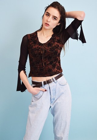 90'S RETRO FLORAL PRINT KITSCH VELVET TEEN TOP BLOUSE