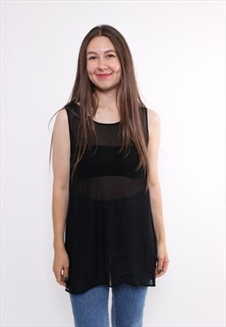 90s sheer tank top in black, vintage long see through top