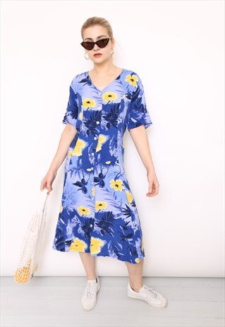 VINTAGE 90S BLUE YELLOW FLORAL PRINT BUTTON MIDI DRESS