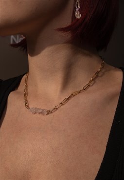 18K Gold Plated Paperclip Chain Necklace with Rose Quartz