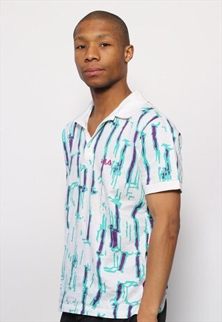 VINTAGE FILA PATTERN POLO SHIRT WHITE AND BLUE