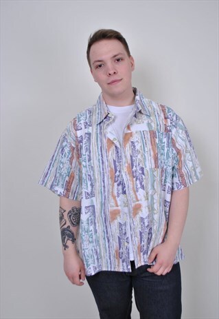 80S RETRO ABSTRACT PRINT SHIRT, VINTAGE SUMMER MULTICOLOR