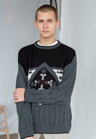 VINTAGE 80S CASUAL GREY JUMPER WITH PATTERN