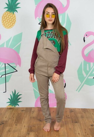 VINTAGE STYLE TAUPE KHAKI COLOURED DENIM DUNGAREES 26" WAIST
