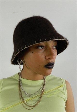 BROWN DARK CHOCOLATE FLUFFY Y2K BUCKET HAT