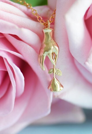 GOLD DELICATE NECKLACE WITH HAND HOLDING A ROSE HANDMADE