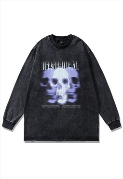 Skull t-shirt bones print long sleeve tee Gothic top black