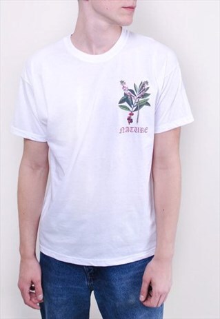 WHITE BOTANICAL PRINT TSHIRT, NATURE TEE, FLORAL UNISEX