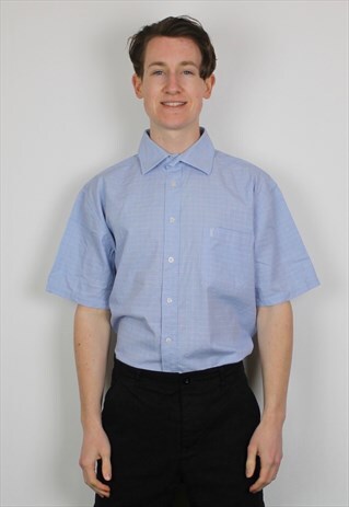 VINTAGE YSL CHECK SHORT SLEEVE SHIRT IN BABY BLUE WITH LOGO