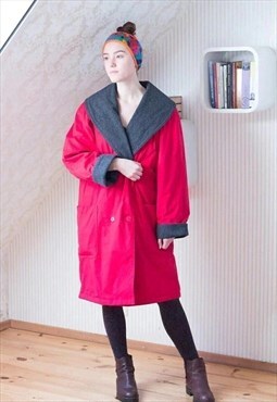 Bright red oversized padded coat with grey collar