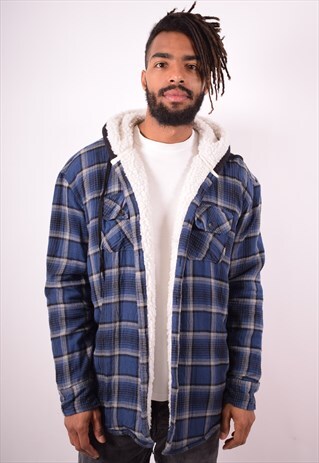 MENS VINTAGE LUMBERJACKET HOODIE XL BLUE CHECK 90S