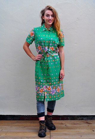 VINTAGE '70S GREEN FLORAL TEA DRESS