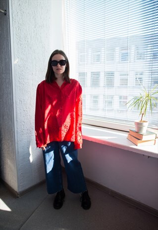 VINTAGE 80'S RED TEXTURED SHIMMERING PUFF SLEEVED BLOUSE