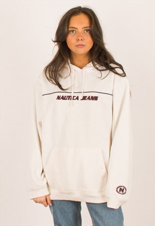 VINTAGE 90S WHITE NAUTICA SPELLOUT HOODIE PULLOVER MEDIUM