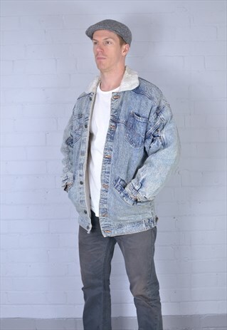 VINTAGE MID BLUE ACID WASH ENGINEERED DENIM SHERPA JACKET