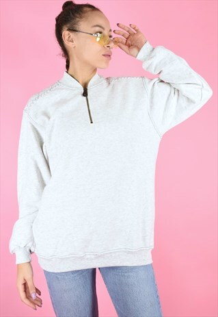 VINTAGE 90S SWEATSHIRT HALF ZIP JUMPER GREY