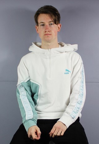 VINTAGE PUMA HOODIE IN WHITE WITH POCKETS, LOGO TAPING AND P