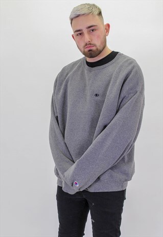 VINTAGE CHAMPION SMALL LOGO SWEATER JUMPER IN GREY XL