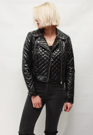 VINTAGE 90' AMAZING QUILTED BLACK VINYL SHORT BIKER JACKET