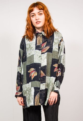 VINTAGE 90'S GREEN ABSTRACT LEAF PRINT OVERSIZED SHIRT