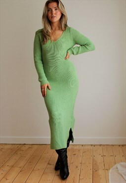 Green Long Sleeve Knit Dress with Split