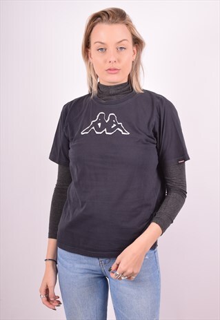 KAPPA WOMENS VINTAGE T-SHIRT TOP MEDIUM BLACK 90S