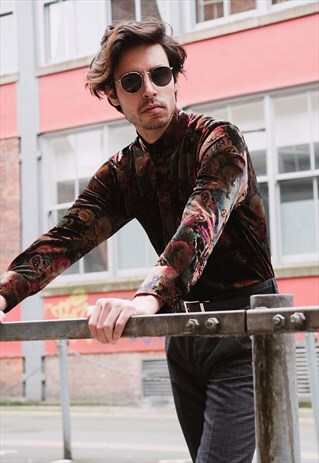 MENS BLACK PAISLEY VELVET ROSE SHIRT