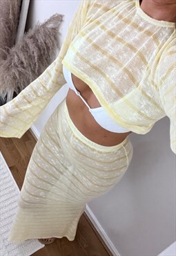 Crop Jumper & Maxi Skirt Co-Ord in Fine Lemon Stripe Knit