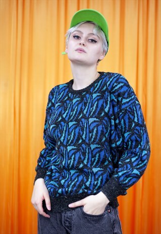 VINTAGE 80S JUMPER BLUE BLACK GREEN GLITTERY ABSTRACT PRINT