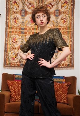 Vintage 80s Beaded Sequin Party Top in Black and Gold