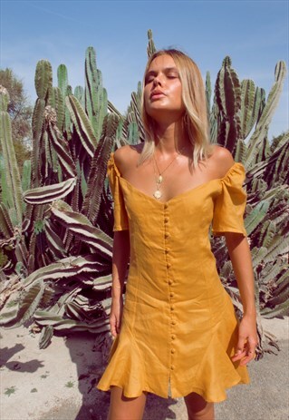 SUMMER LINEN DRESS WITH SLEEVES - MARIGOLD YELLOW