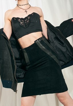 Vintage Leather Skirt Y2K Black Suede Designer Mini