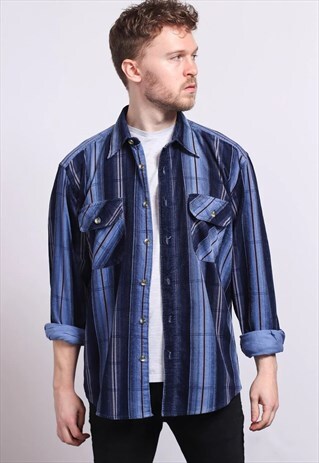 VINTAGE CORDUROY CORD STRIPED SHIRT BLUE