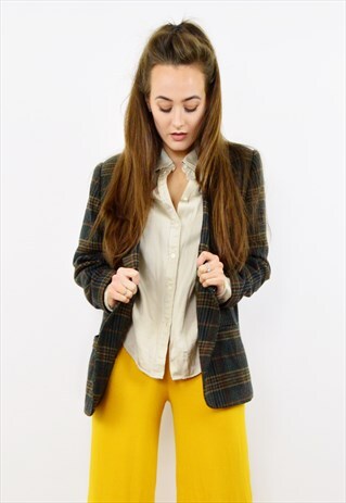 VINTAGE 90S DARK TARTAN WOOL BOYFRIEND BLAZER JACKET
