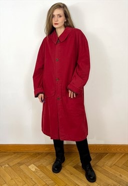 Vintage Red Trench Coat, Long Cotton Coat, Loose coat