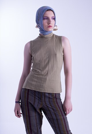 OLIVE TURTLENECK LYCRA SLEEVELESS TOP