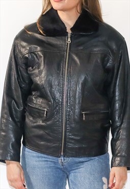 Vintage 90's Leather & Faux Fur Collar Bomber Jacket