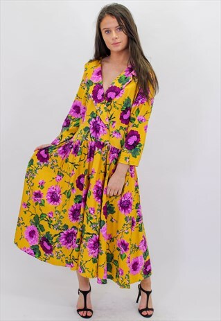 VINTAGE PARTY FLORAL MIDI DRESS IN YELLOW