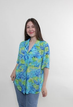 Vintage 80s flowers blouse, blue floral blouse short sleeve