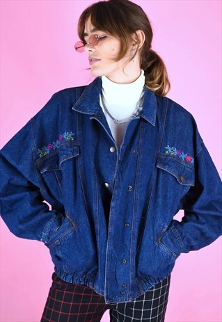 VINTAGE 90S DENIM JACKET WITH FLORAL EMBROIDERY IN BLUE