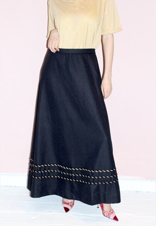 70'S VINTAGE BLACK MAXI SKIRT GOLD BOHO GRUNGE LONG PROM