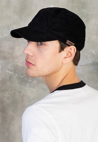 BLACK CORD CAP - RETRO VINTAGE STYLE CORDUROY ARMY URBAN HAT